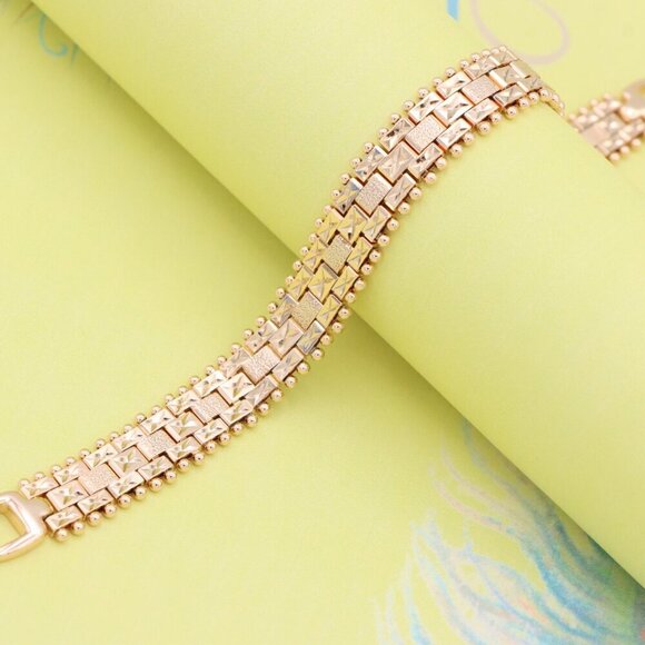 "Rose Gold Textured Link Bracelet with Gold Beaded Border, XPBL0878 - Picture 2 of 12